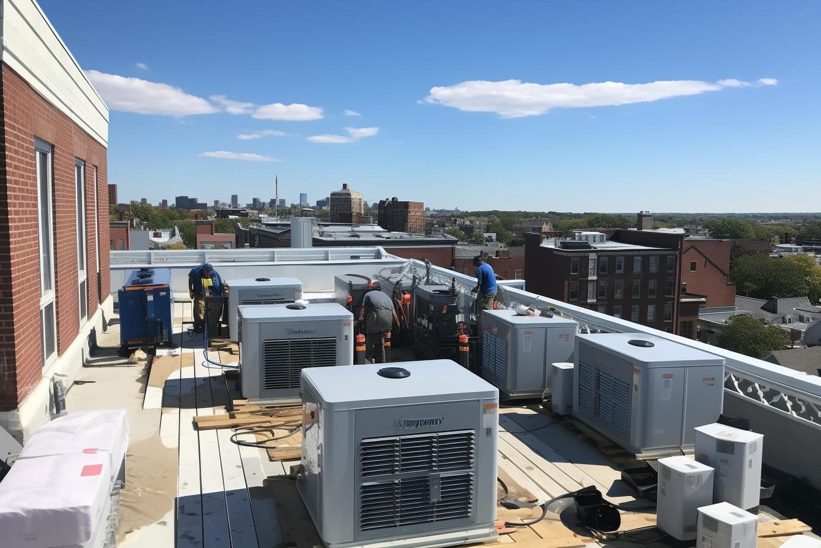 Ylen HVAC technicians installing AC units on a rooftop in NYC